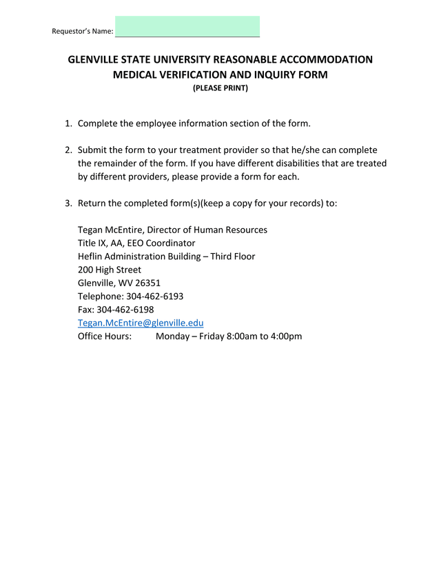 Glenville State University Reasonable Accommodation Medical Verification And Inquiry Form screenshot