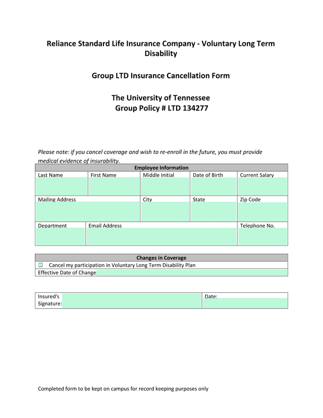 Group LTD Insurance Cancellation Form screenshot