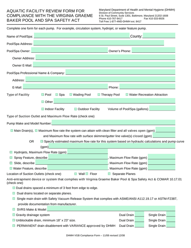 Aquatic Facility Review Form For Compliance With The Virginia Graeme Baker Pool And Spa Safety Act screenshot