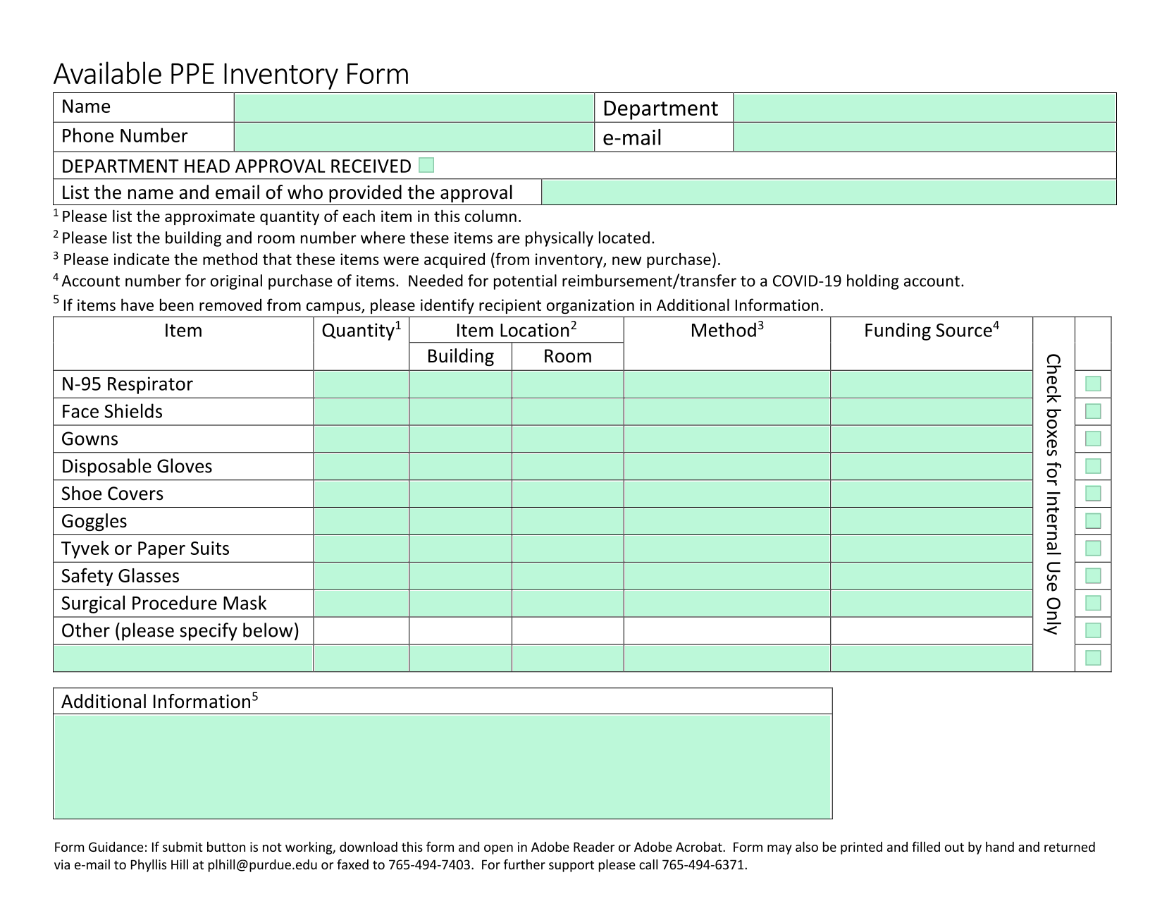 Available PPE Inventory Form screenshot
