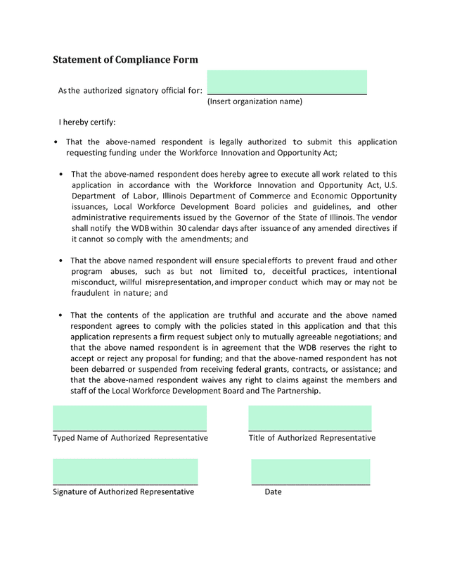 Statement Of Compliance Form screenshot