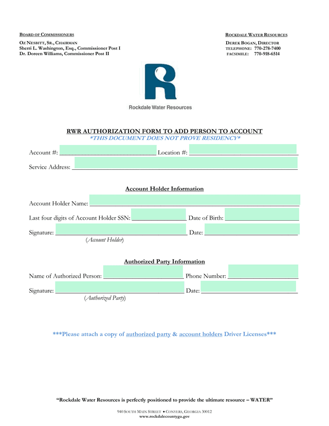 RWR Authorization Form To Add Person To Account screenshot