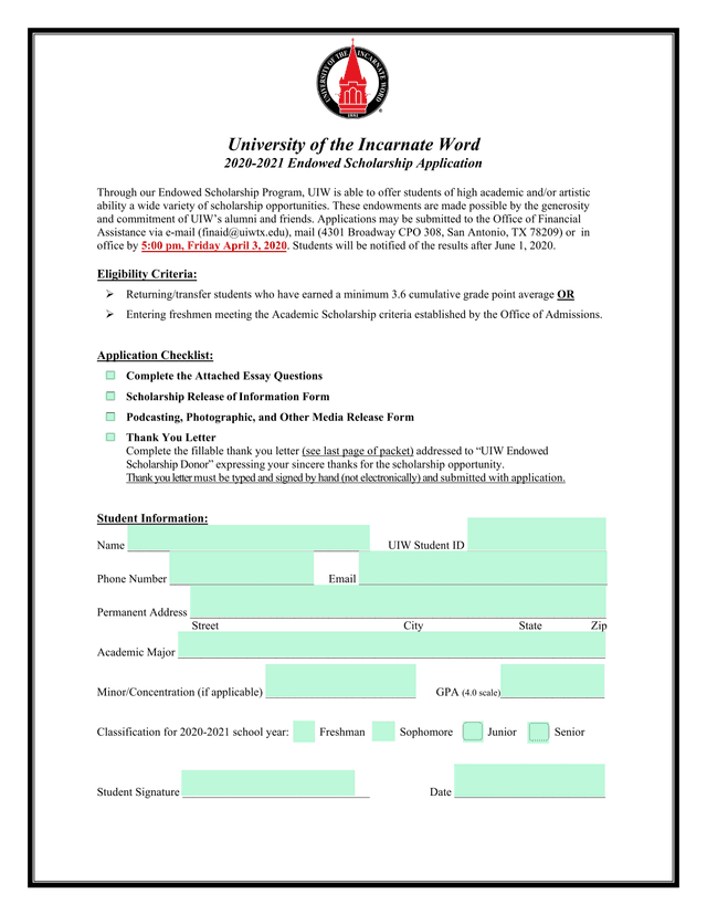 2020 2021 Endowed Scholarship Application screenshot