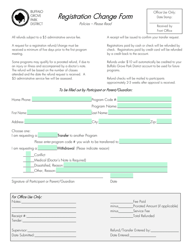 Registration Change Form screenshot