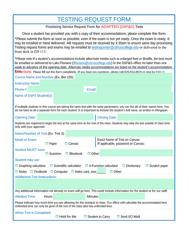 Testing Request Form For ADAPTED (DSPS) Tests screenshot