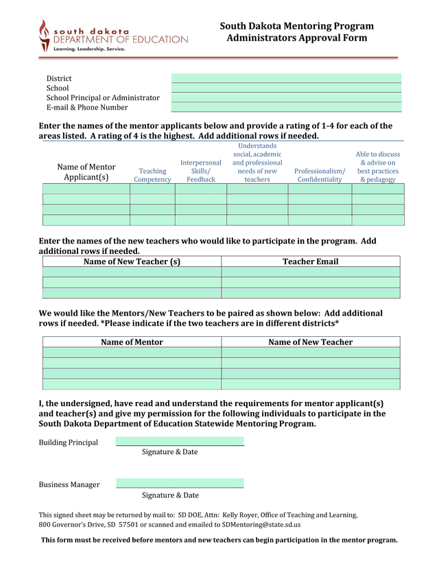 South Dakota Mentoring Program Administrators Approval Form screenshot