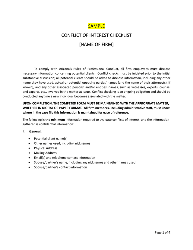 SAMPLE CONFLICT OF INTEREST CHECKLIST screenshot