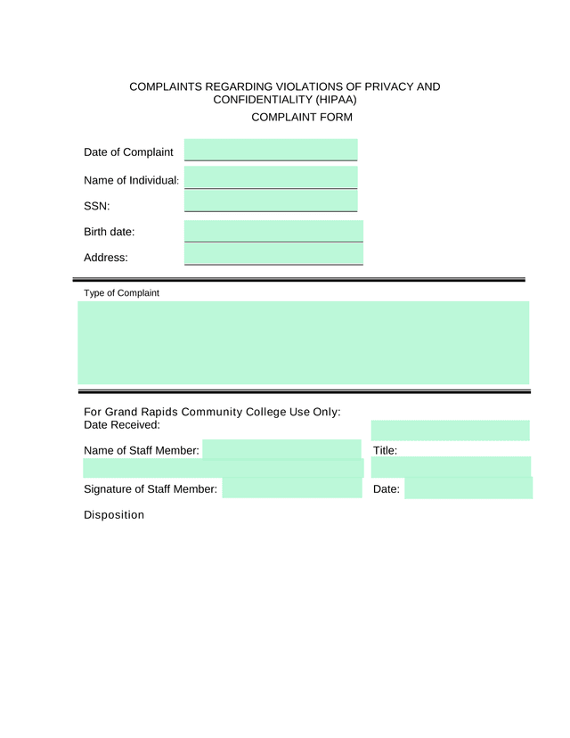 COMPLAINTS REGARDING VIOLATIONS OF PRIVACY AND CONFIDENTIALITY (HIPAA) COMPLAINT FORM screenshot