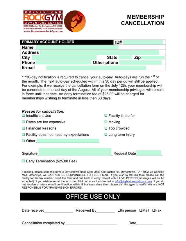 Membership Cancellation Form screenshot