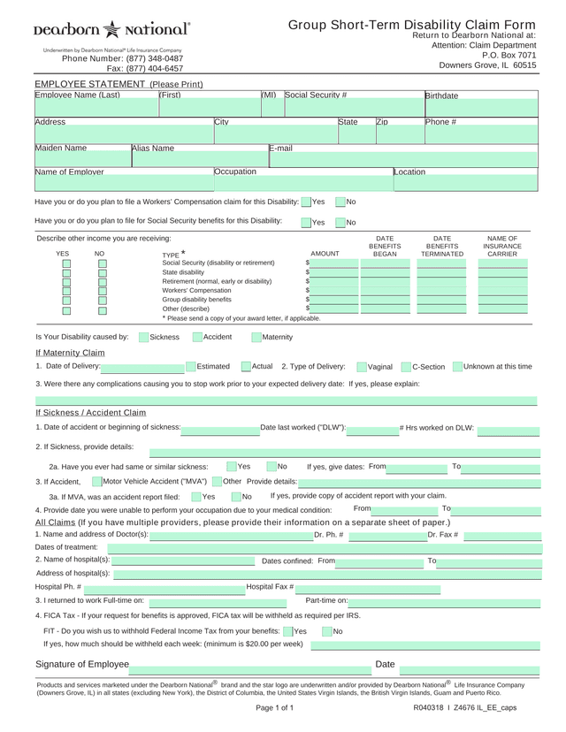 Group Short Term Disability Claim Form screenshot