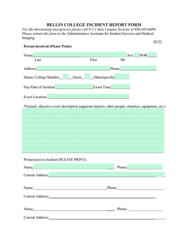 Bellin College Incident Report Form screenshot
