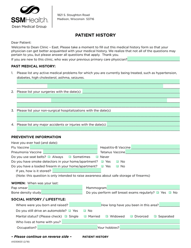 Dean Clinic  East Medical History Form screenshot