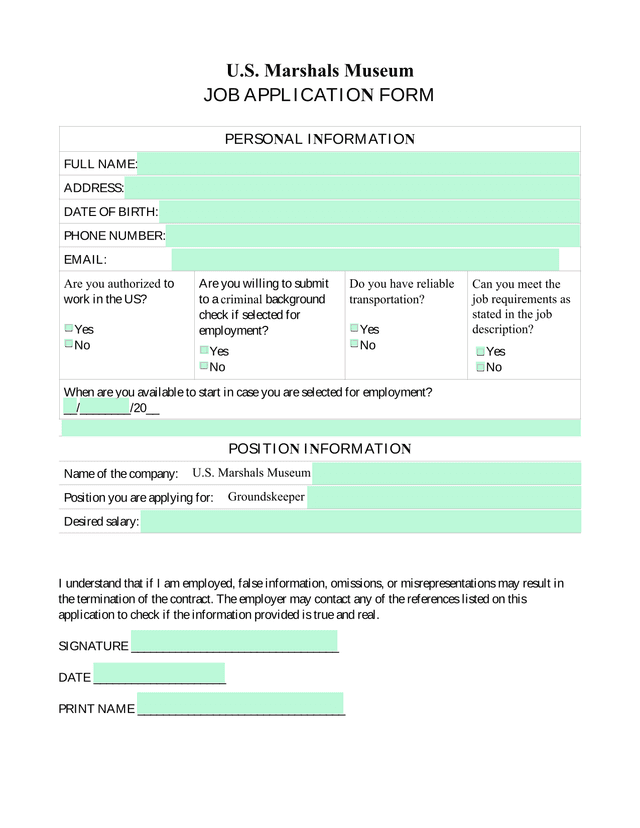 U.S. Marshals Museum Job Application Form screenshot