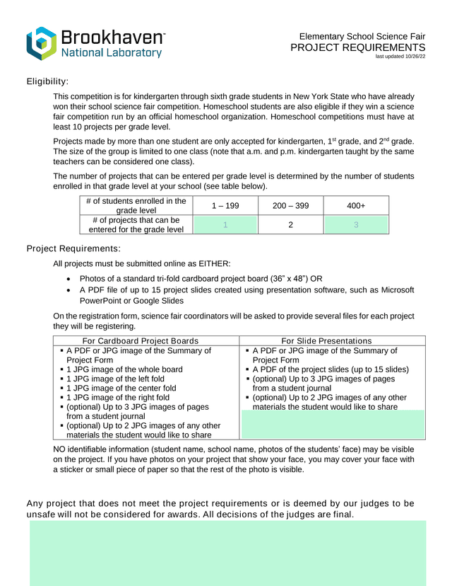 Elementary School Science Fair PROJECT REQUIREMENTS screenshot