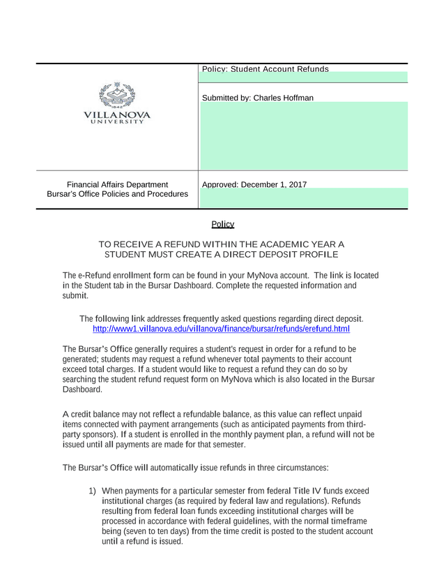 Student Account Refunds Policy screenshot