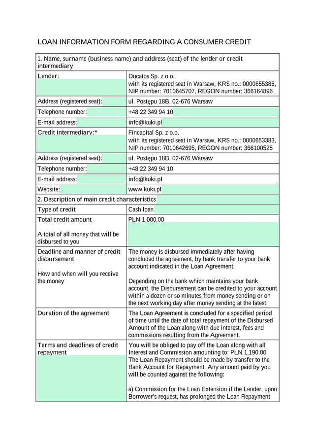 Loan Information Form Regarding A Consumer Credit screenshot