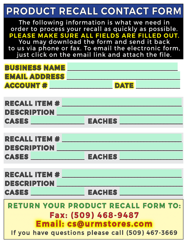 Product Recall Contact Form screenshot