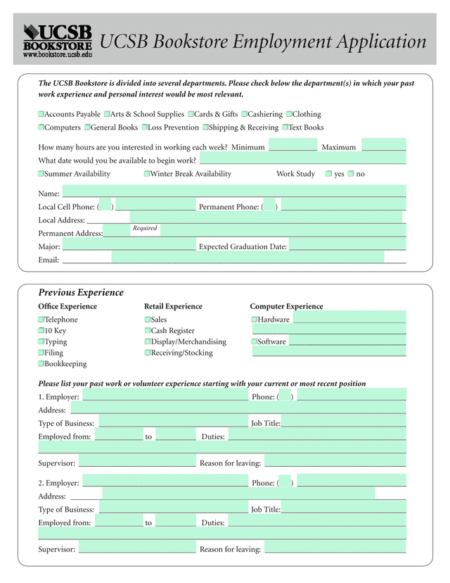UCSB Bookstore Employment Application screenshot