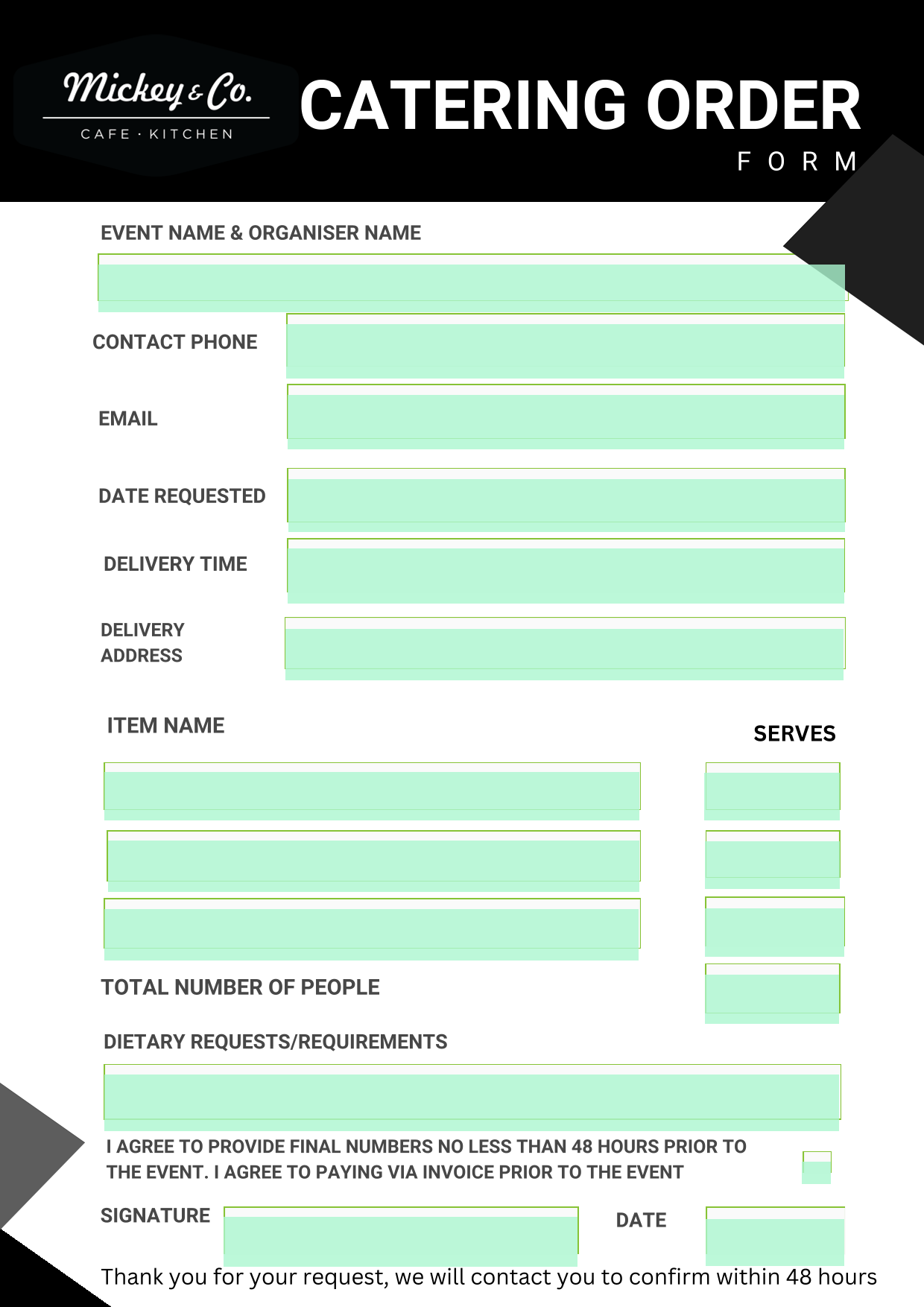 Catering Order Form screenshot