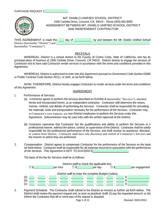 Agreement Between Mt. Diablo Unified School District And Independent Contractor screenshot