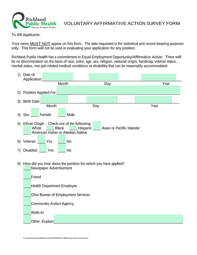 Voluntary Affirmative Action Survey Form screenshot
