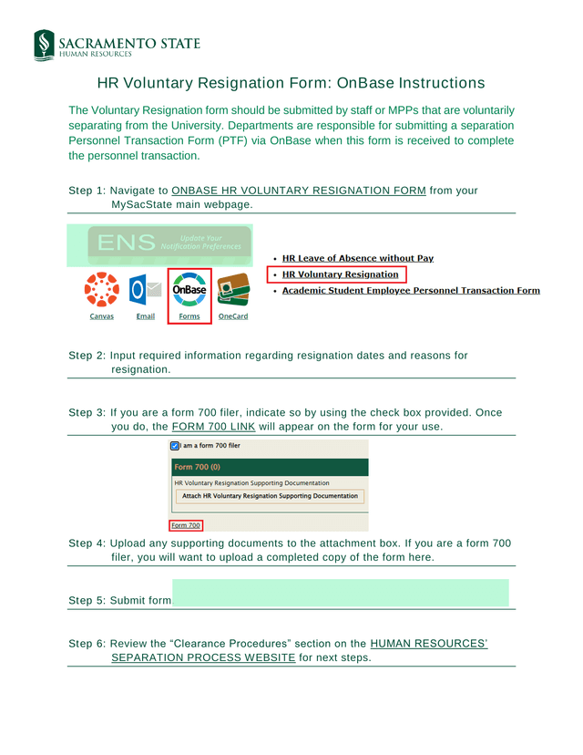 HR Voluntary Resignation Form OnBase Instructions screenshot