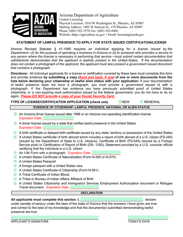Statement Of Lawful Presence To Apply For State Issued CertificationLicense screenshot
