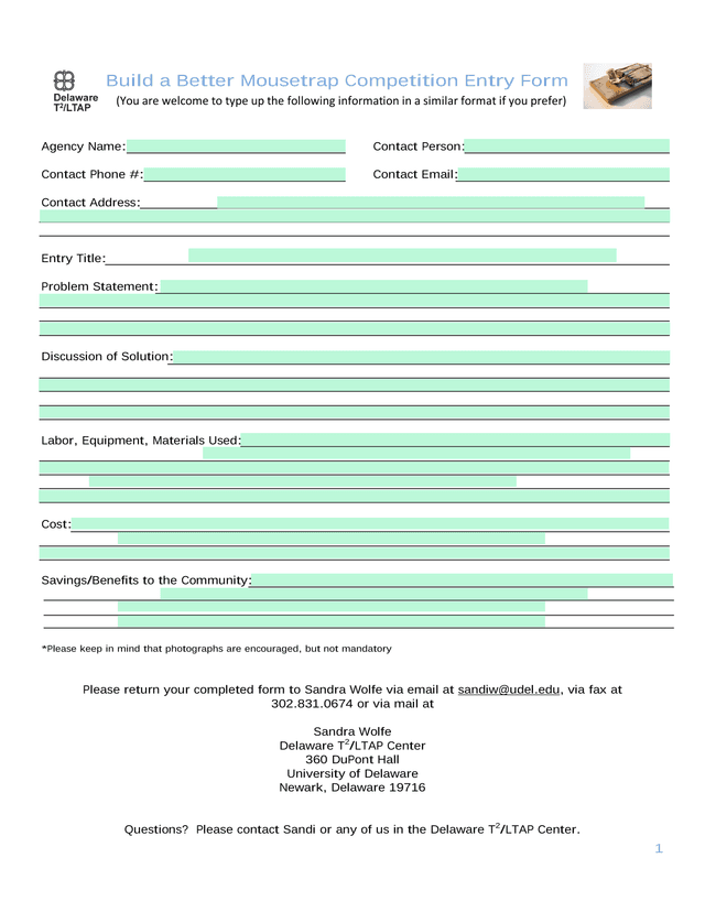 Build A Better Mousetrap Competition Entry Form screenshot