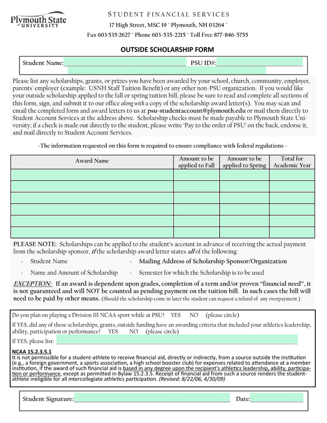 OUTSIDE SCHOLARSHIP FORM screenshot