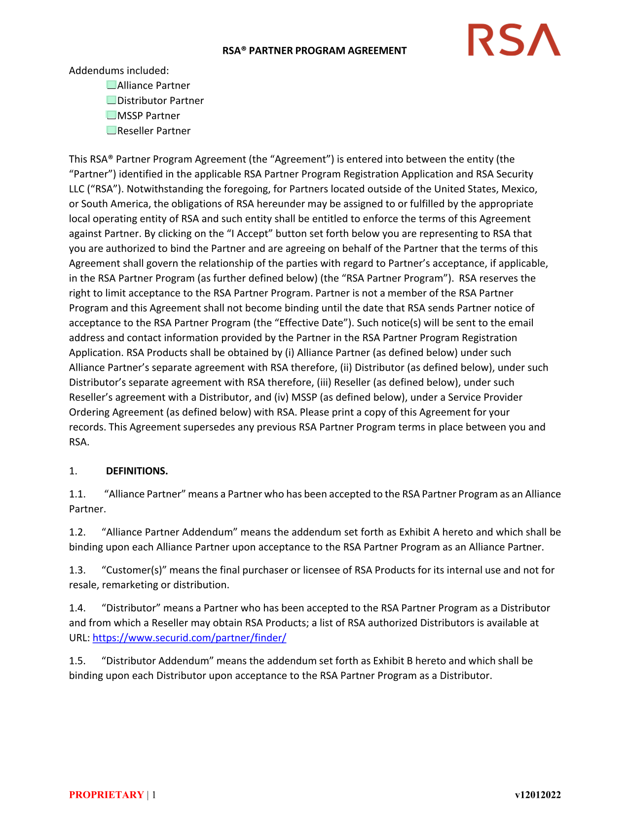 RSA Partner Program Agreement screenshot