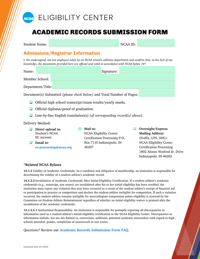 Academic Records Submission Form screenshot