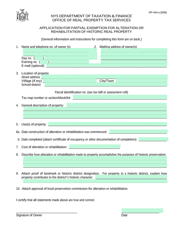 RP 444 A (908) APPLICATION FOR PARTIAL EXEMPTION FOR ALTERATION OR REHABILITATION OF HISTORIC REAL P screenshot