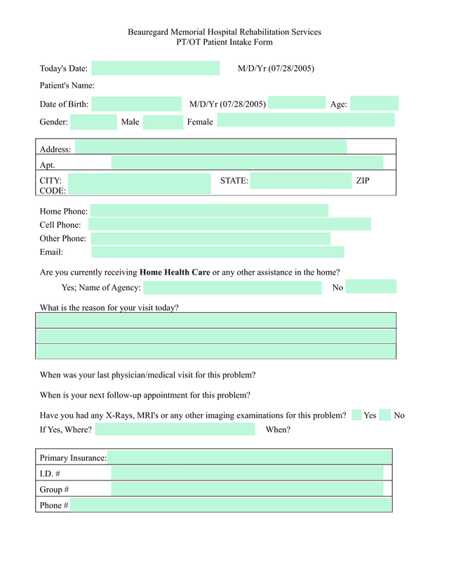 PTOT Patient Intake Form screenshot