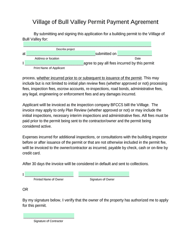 Village Of Bull Valley Permit Payment Agreement screenshot