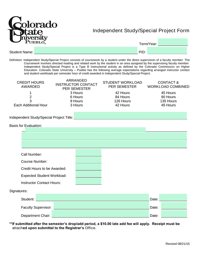 Independent StudySpecial Project Form screenshot