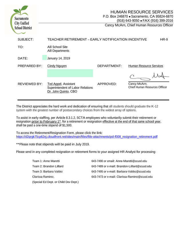TEACHER RETIREMENT  EARLY NOTIFICATION INCENTIVE HR 9 screenshot