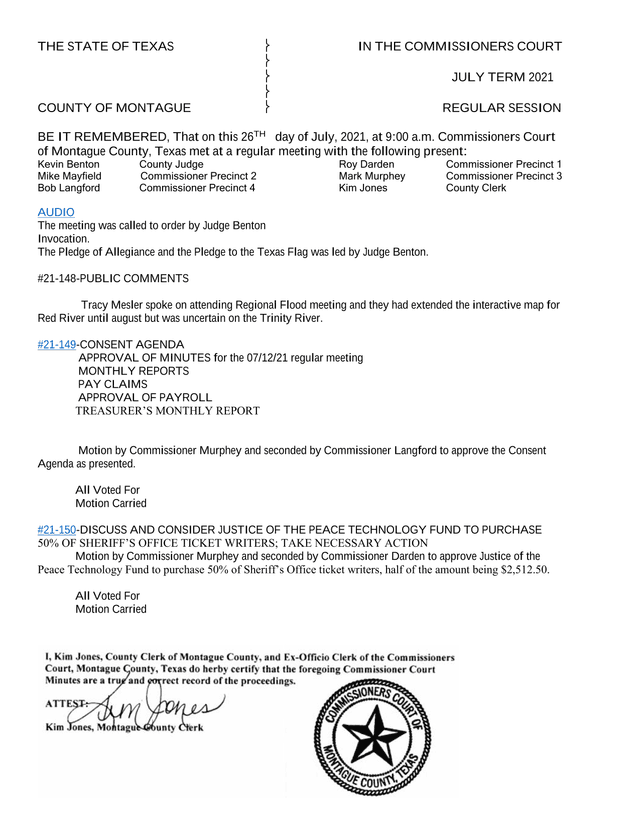Montague County Commissioners Court Minutes July 26, 2021 screenshot