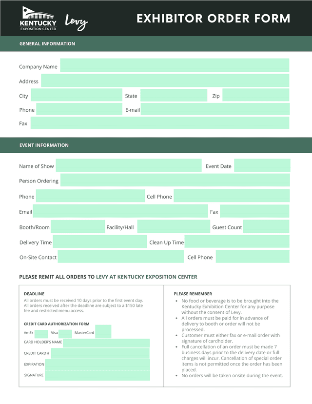 EXHIBITOR ORDER FORM screenshot