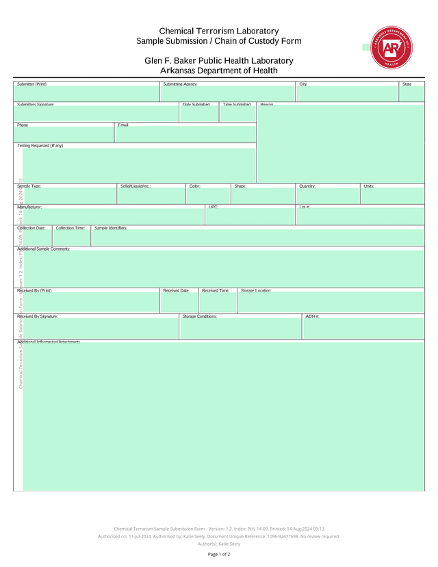 Chemical Terrorism Laboratory Sample Submission  Chain Of Custody Form screenshot