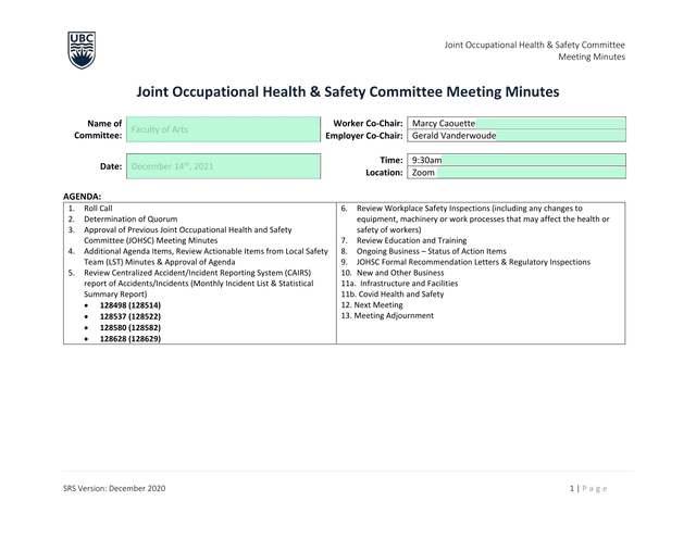 Joint Occupational Health  Safety Committee Meeting Minutes screenshot