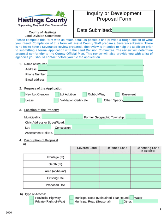 County Of Hastings Land Division Committee Inquiry Or Development Proposal Form screenshot