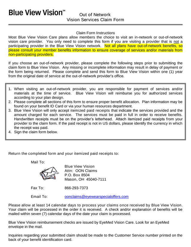 Out Of Network Vision Services Claim Form screenshot