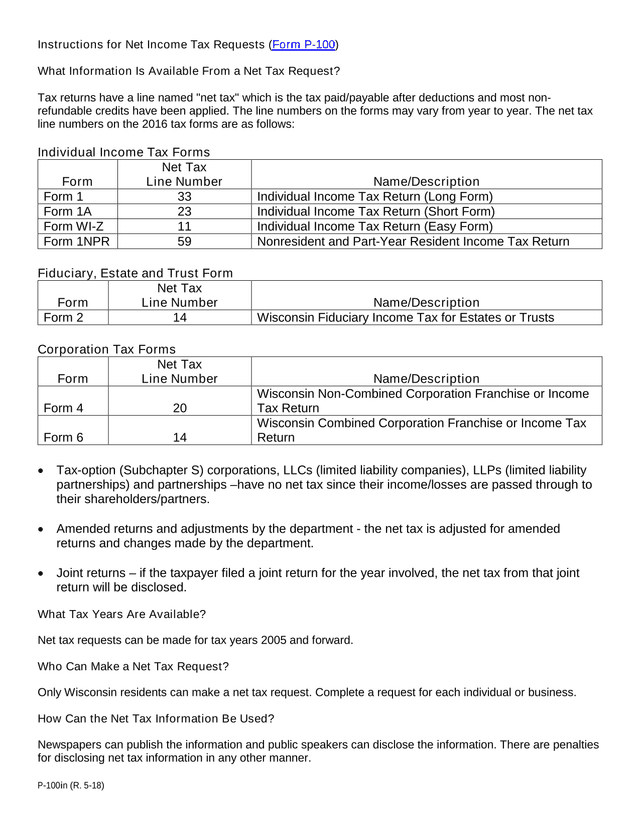 Instructions For Net Income Tax Requests (Form P 100) screenshot