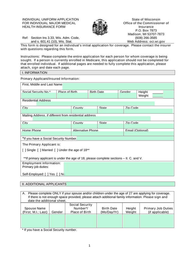 INDIVIDUAL UNIFORM APPLICATION FOR INDIVIDUAL MAJOR MEDICAL HEALTH INSURANCE FORM screenshot