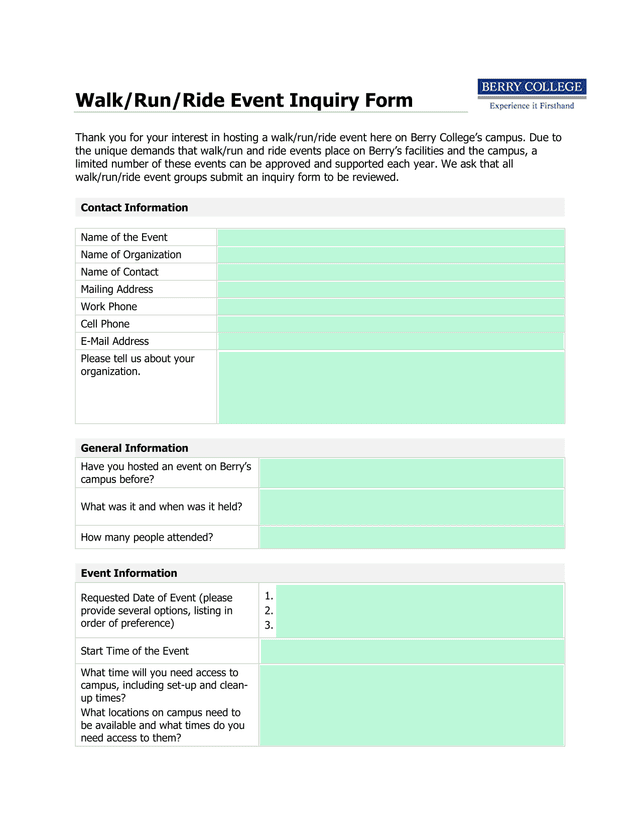 WalkRunRide Event Inquiry Form screenshot