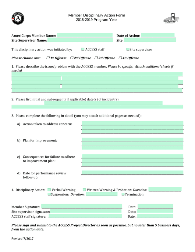 Member Disciplinary Action Form screenshot