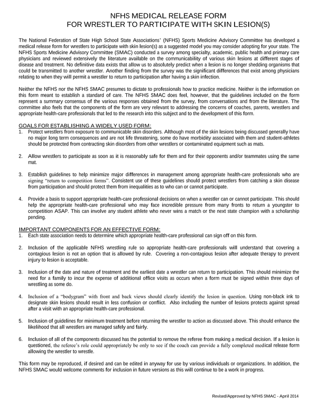 NFHS Medical Release Form For Wrestler To Participate With Skin Lesion(S) screenshot