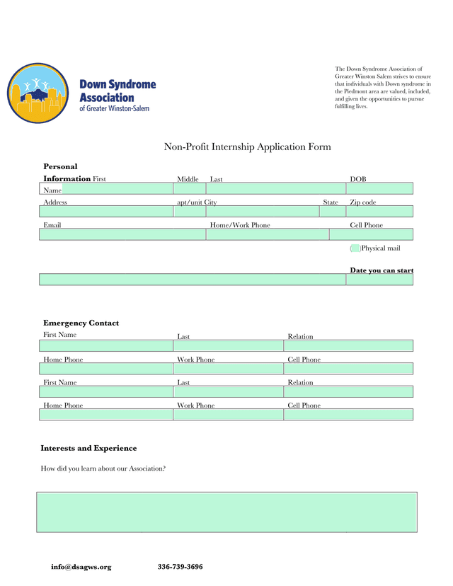 Non Profit Internship Application Form screenshot