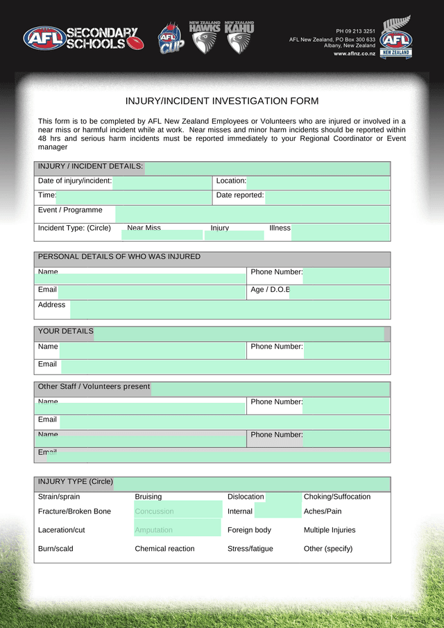 INJURYINCIDENT INVESTIGATION FORM screenshot