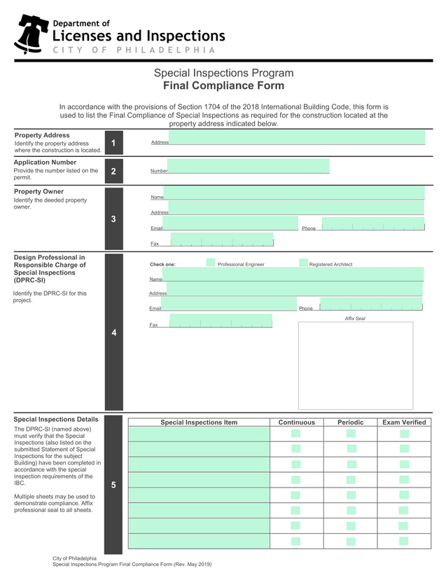 City Of Philadelphia Special Inspections Program Final Compliance Form screenshot